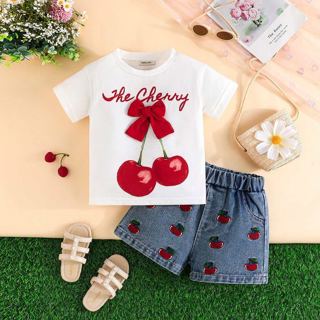 Girls White Cherry Printed T-shirt with Denim Shorts Set Sets White 3-4 Y