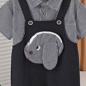Boys Black Gingham Check Shirt With Embroidery Applique Dungaree Set 2 pc. Sets