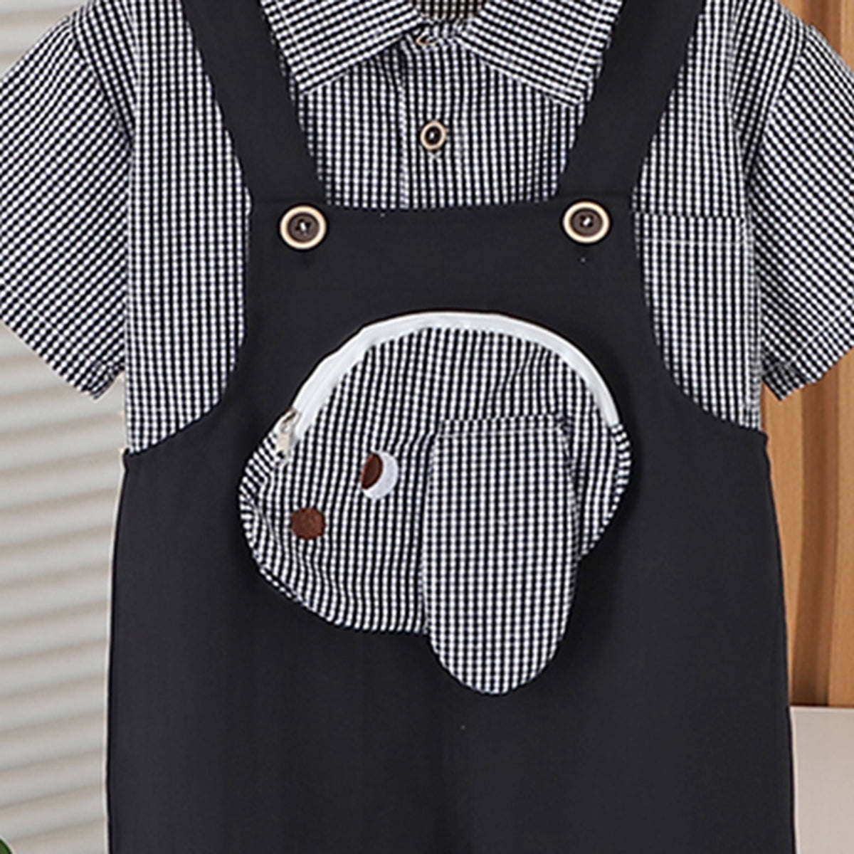 Boys Black Gingham Check Shirt With Embroidery Applique Dungaree Set 2 pc. Sets