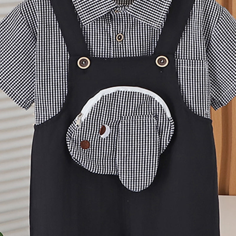 Boys Black Gingham Check Shirt With Embroidery Applique Dungaree Set 2 pc. Sets