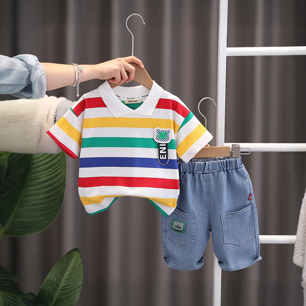 Boys Striped Polo T-Shirt With Denim Shorts