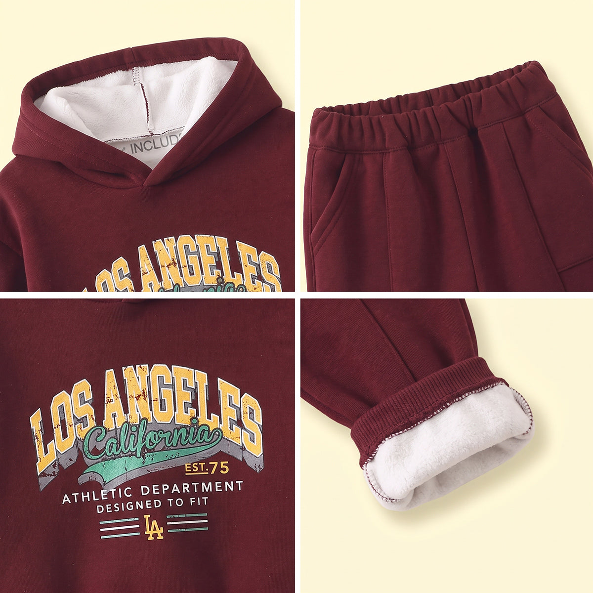 Boys Maroon Typographic Hooded Sweatshirt & Pants Sets Sets