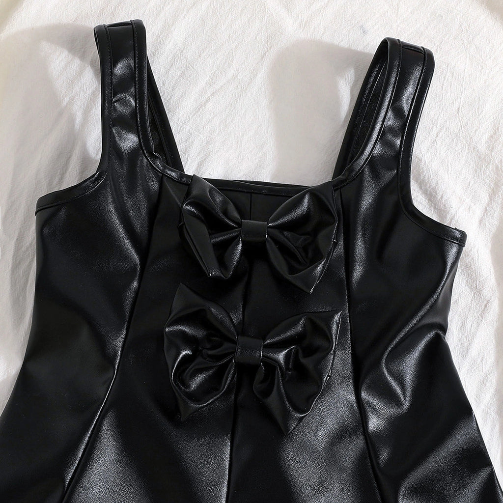 Girls Black Faux Leather Pinafore Dress With Long Sleeves Top Casual Dresses