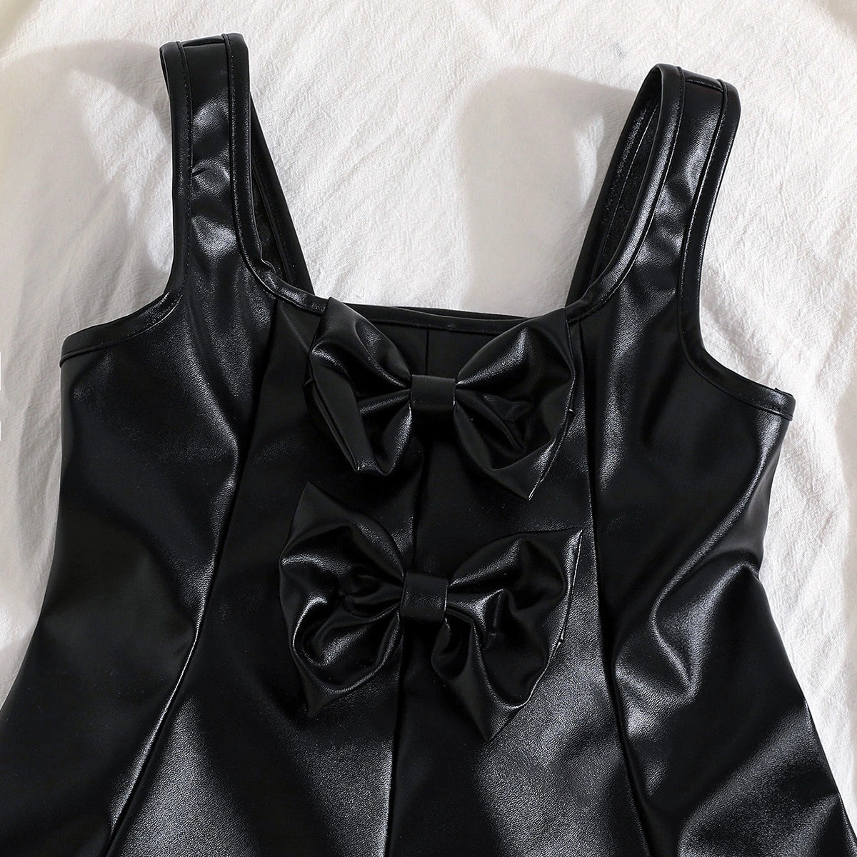 Girls Black Faux Leather Pinafore Dress With Long Sleeves Top Casual Dresses