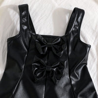 Girls Black Faux Leather Pinafore Dress With Long Sleeves Top Casual Dresses