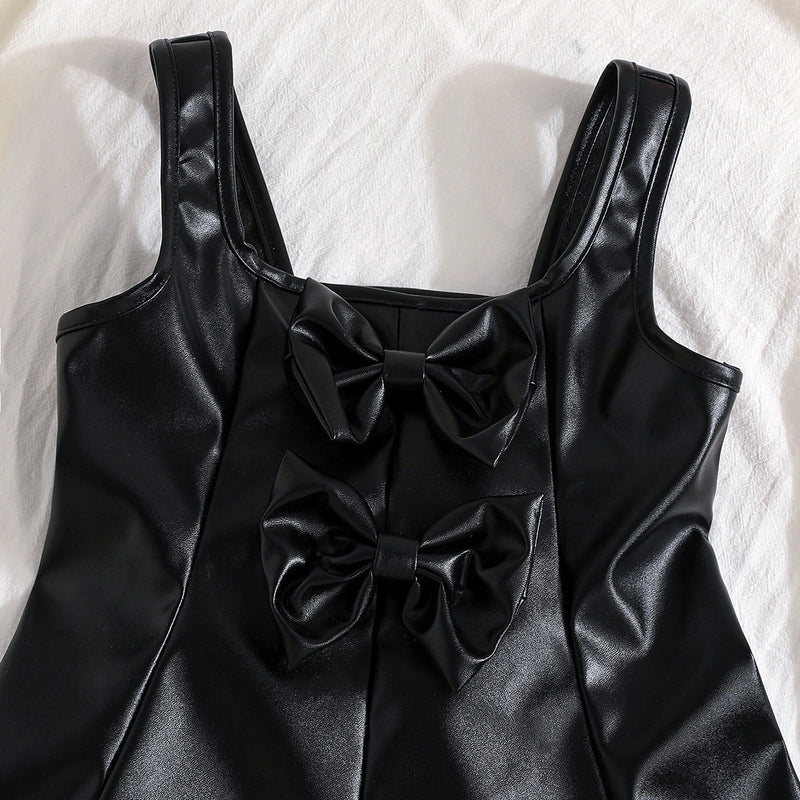 Girls Black Faux Leather Pinafore Dress With Long Sleeves Top Casual Dresses