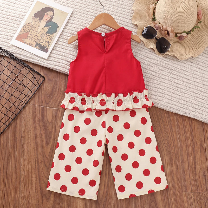 Girls Red Mushroom Applique Sleeveless Top With Polka Dot Pants Sets 2 pc. Sets