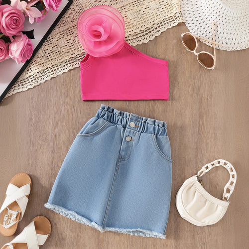 Girls Pink 3D Flower Applique Crop Top With Denim Skirts Set Sets Pink 3-4 Y