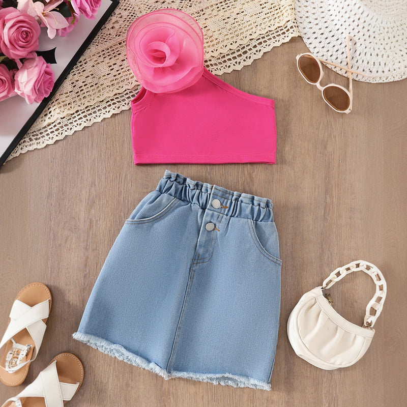 Girls Pink 3D Flower Applique Crop Top With Denim Skirts Set Sets Pink 3-4 Y
