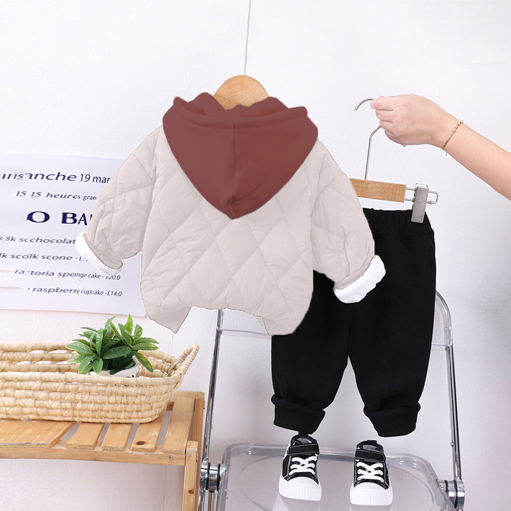 Boys Beige Embroidered Quilted Puffer Jacket With Jogger Sets Sets