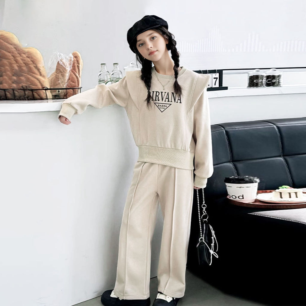 Girls Off White Typographic Printed Sweatshirt With Pants Winter Co-ord Sets 2 pc. Sets