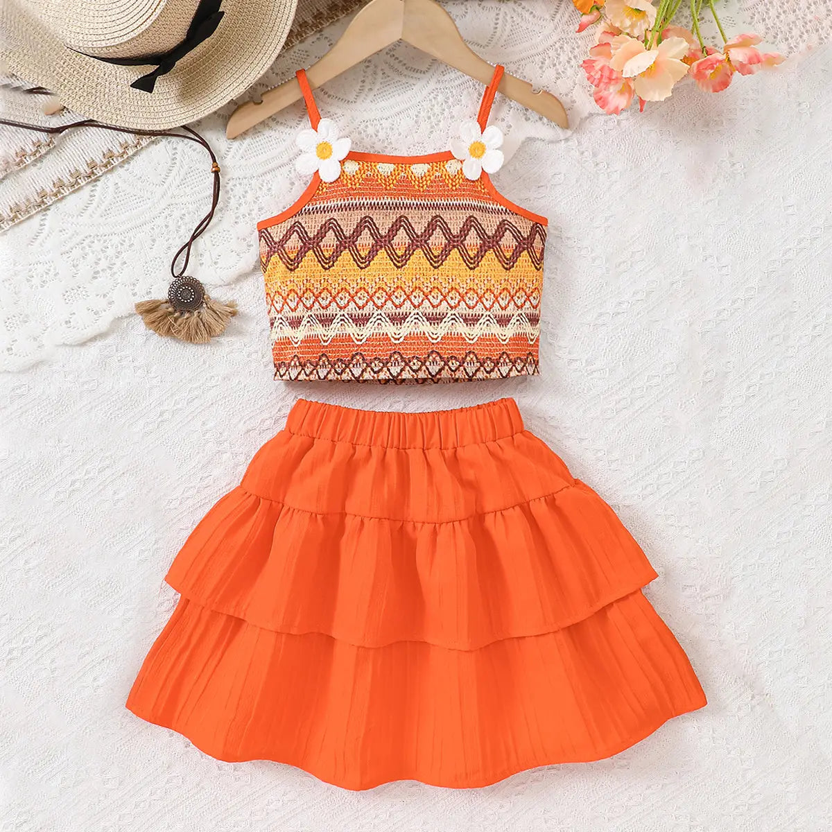 Girls Orange Geometric Printed Top With Tiered Skirt Sets Sets Orange 3-4 Y