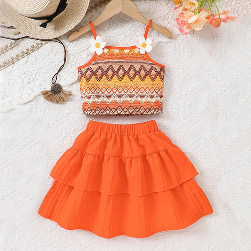Girls Orange Geometric Printed Top With Tiered Skirt Sets Sets Orange 3-4 Y