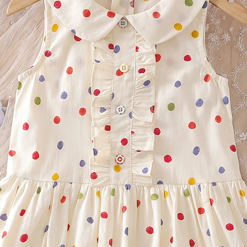 Girls Off White Polka Dot Print Peter Pan Collar Balloon Dress Casual Dresses