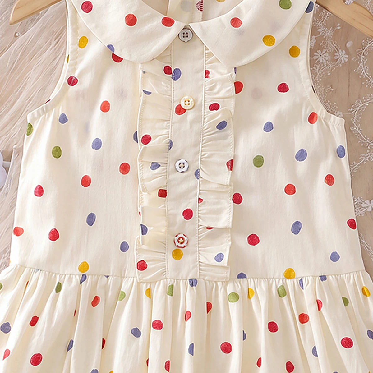 Girls Off White Polka Dot Print Peter Pan Collar Balloon Dress Casual Dresses