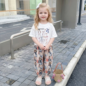 Girls White Bow Print Short Sleeve T-Shirt With Floral Pants Sets 2 pc. Sets White 1-2 Y