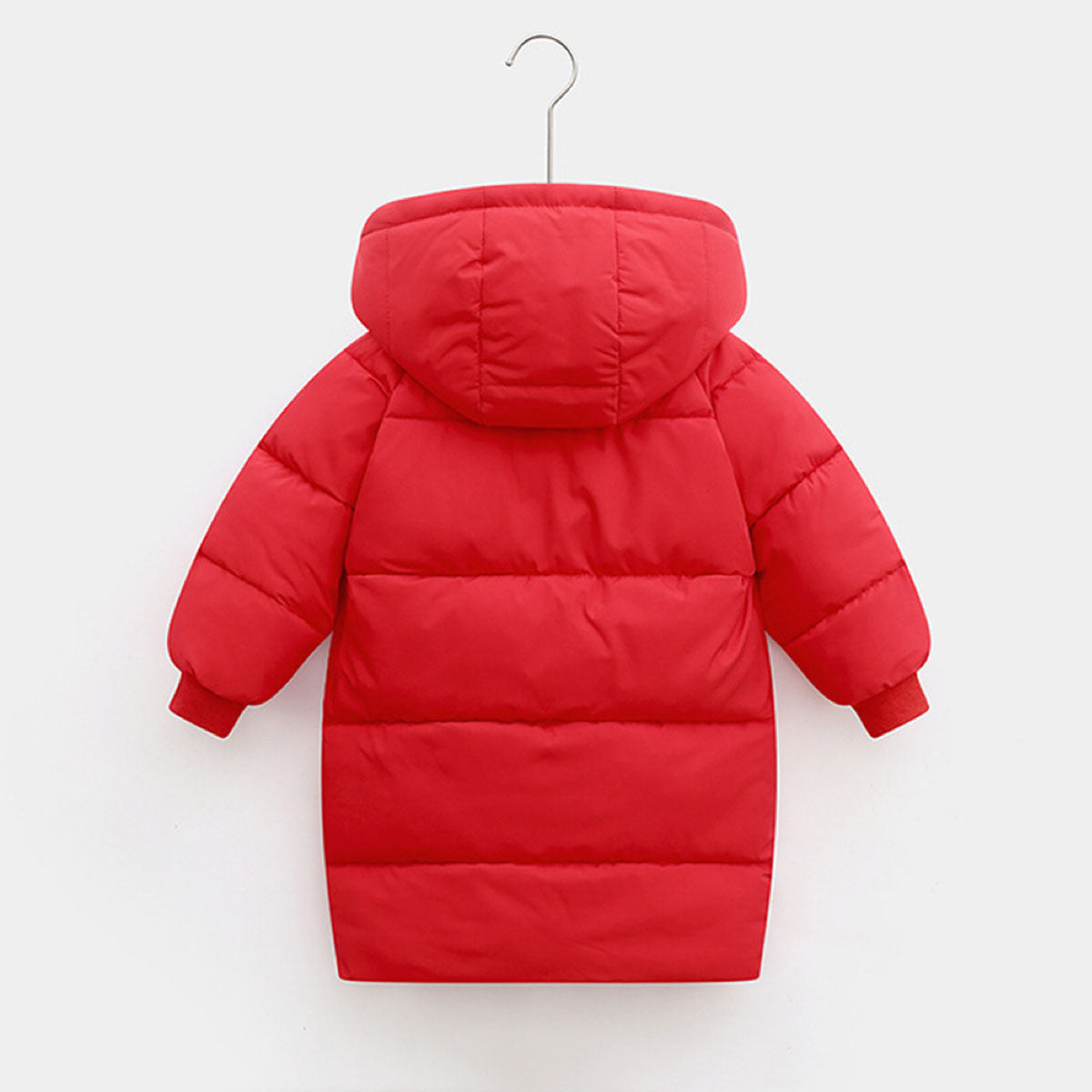 Girls Red Solid Puffer Hooded Long Jacket Coats & Jackets