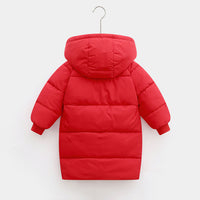 Girls Red Solid Puffer Hooded Long Jacket Coats & Jackets