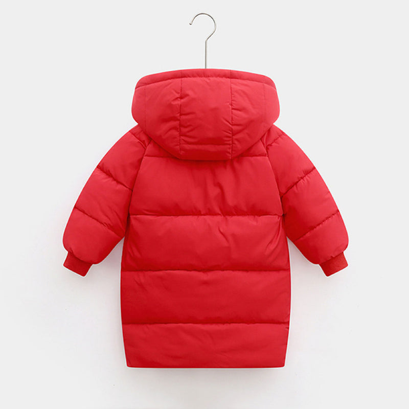 Girls Red Solid Puffer Hooded Long Jacket Coats & Jackets