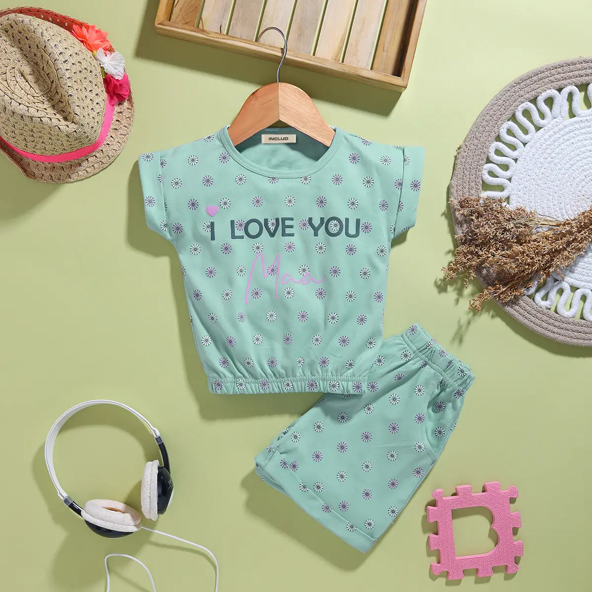 Girls Sea Green Floral Printed Top With Shorts Co-ord Sets Sets Sea Green 9-12 M