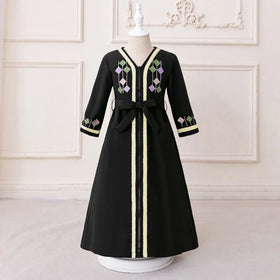 Girls Black Embroidered Fit & Flare Dress With V-neckline Casual Dresses Black 3-4 Y