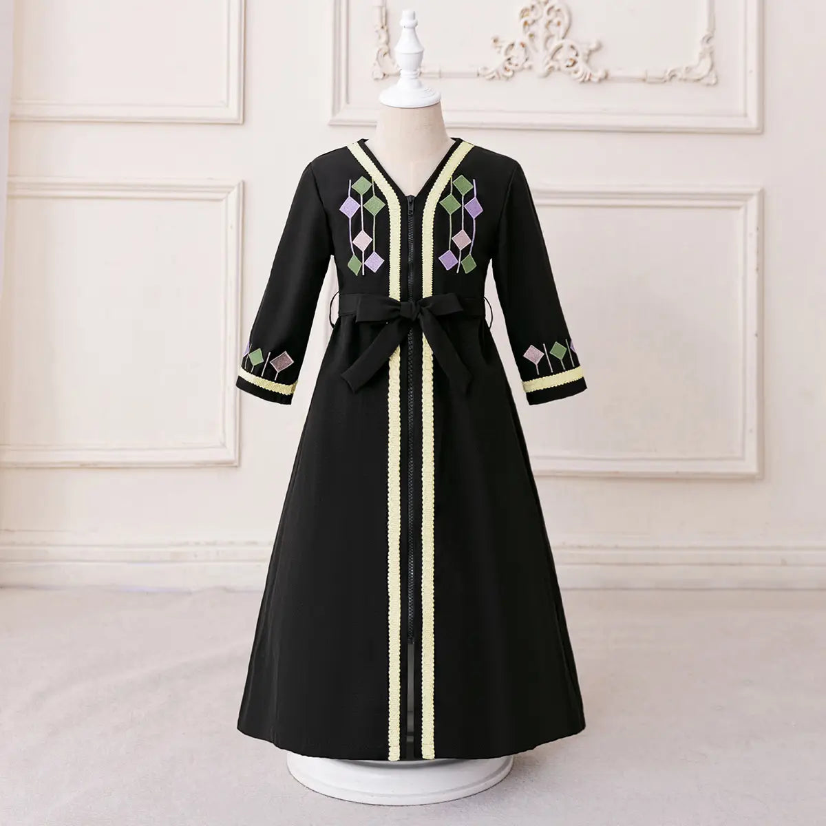 Girls Black Embroidered Fit & Flare Dress With V-neckline Casual Dresses Black 3-4 Y