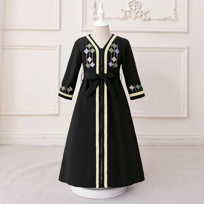 Girls Black Embroidered Fit & Flare Dress With V-neckline Casual Dresses Black 3-4 Y