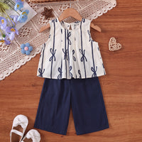 Girls Navy Blue Bow Print Sleeveless Top With Capri Sets 2 pc. Sets Navy Blue 1-2 Y