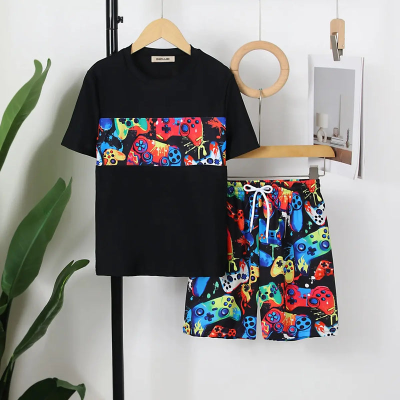 Boys Black Graphics Short Sleeves T-Shirt & Shorts Swimsuit Sets Sets Black 7-8 Y