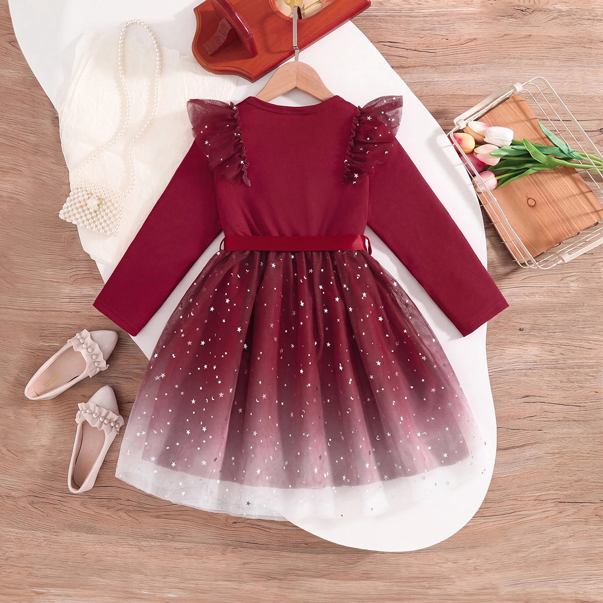 Girls Burgundy Star Foil Print Long Sleeve Fit & Flare Dress Casual Dresses