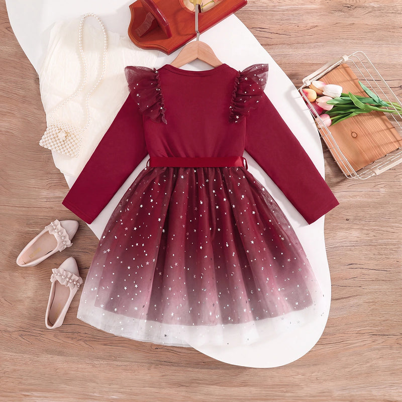 Girls Burgundy Star Foil Print Long Sleeve Fit & Flare Dress Casual Dresses
