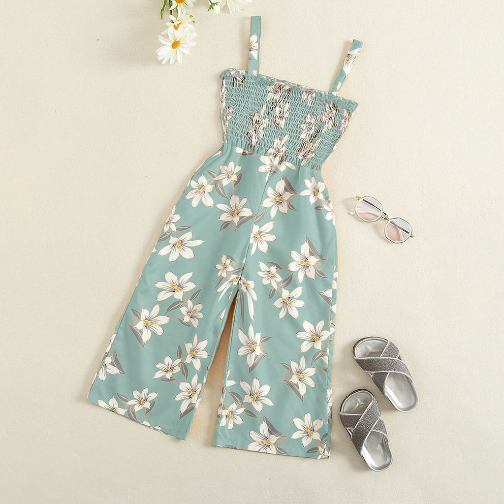 Girls Sea Green Floral Print Smocked Full Length Jumpsuit Jumpsuits