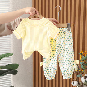 Girls Yellow Self Striped Knitted Top With Printed Pants Set 2 pc. Sets