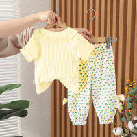 Girls Yellow Self Striped Knitted Top With Printed Pants Set 2 pc. Sets