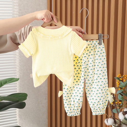 Girls Yellow Self Striped Knitted Top With Printed Pants Set 2 pc. Sets