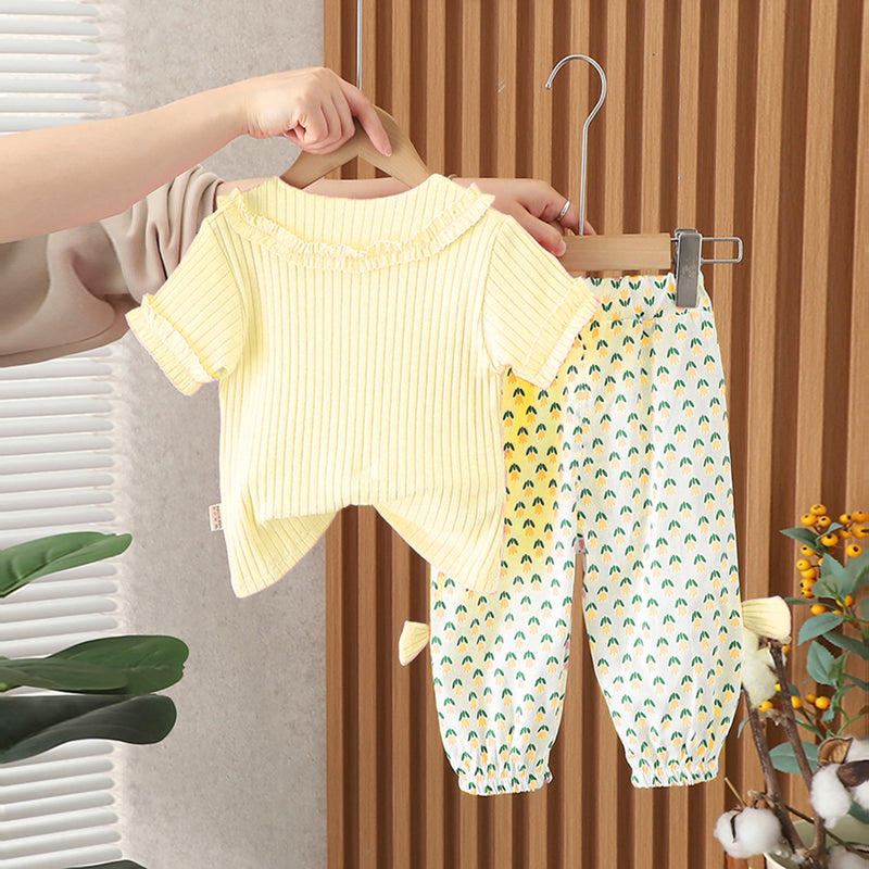 Girls Yellow Self Striped Knitted Top With Printed Pants Set 2 pc. Sets