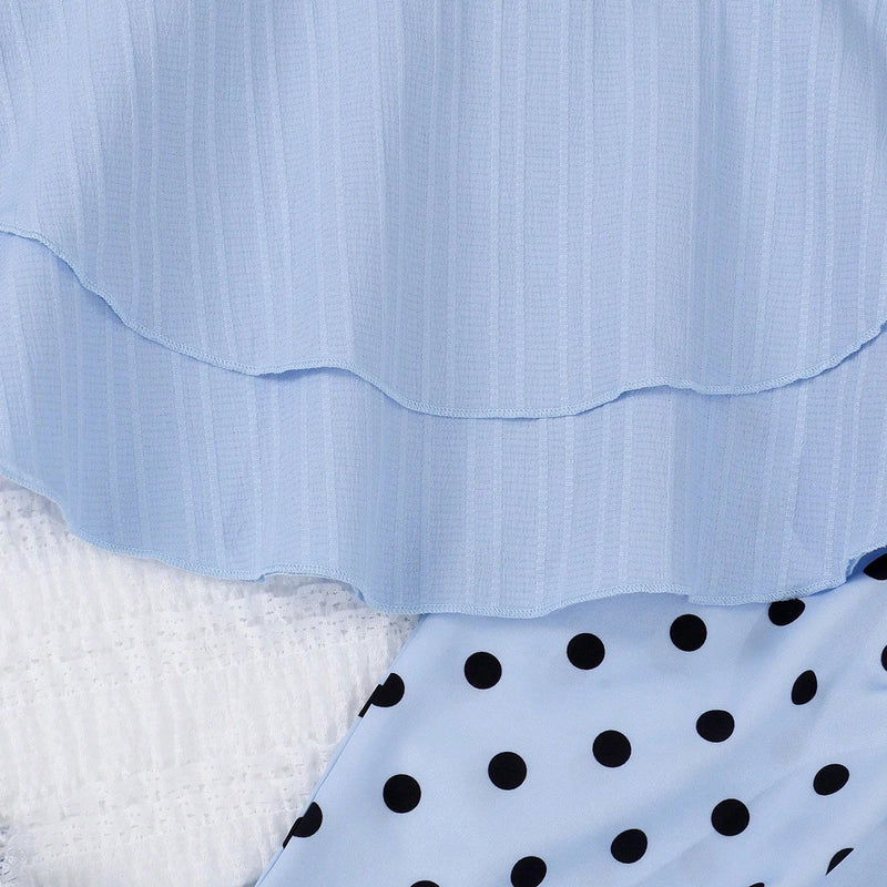 Girls Blue Sleeveless Top With Polka Dot Print Flared Pants Sets Sets