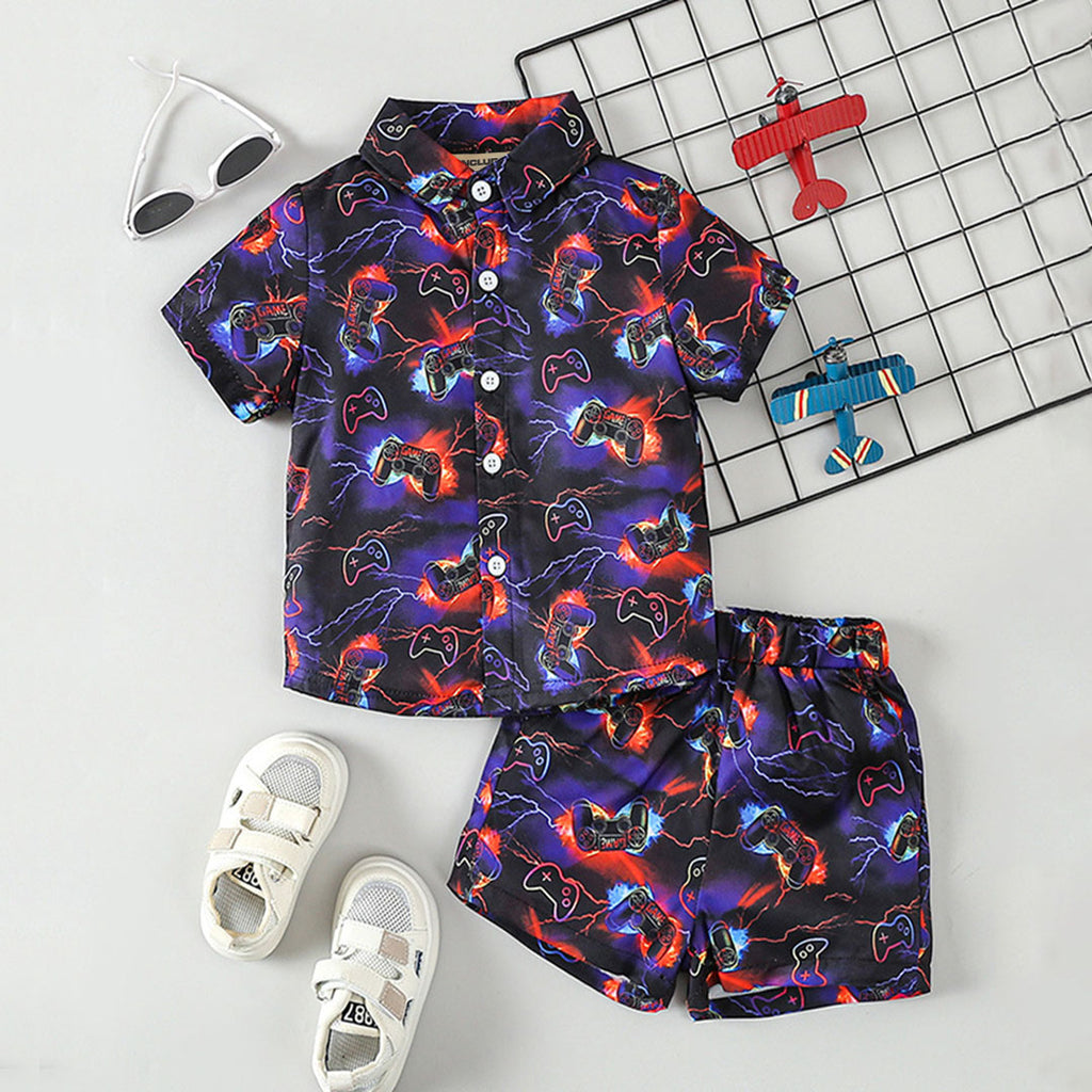 Boys Navy Graphics Shorts Sleeve Shirt With Elasticated Shorts Set 2 pc. Sets Navy Blue 1-2 Y