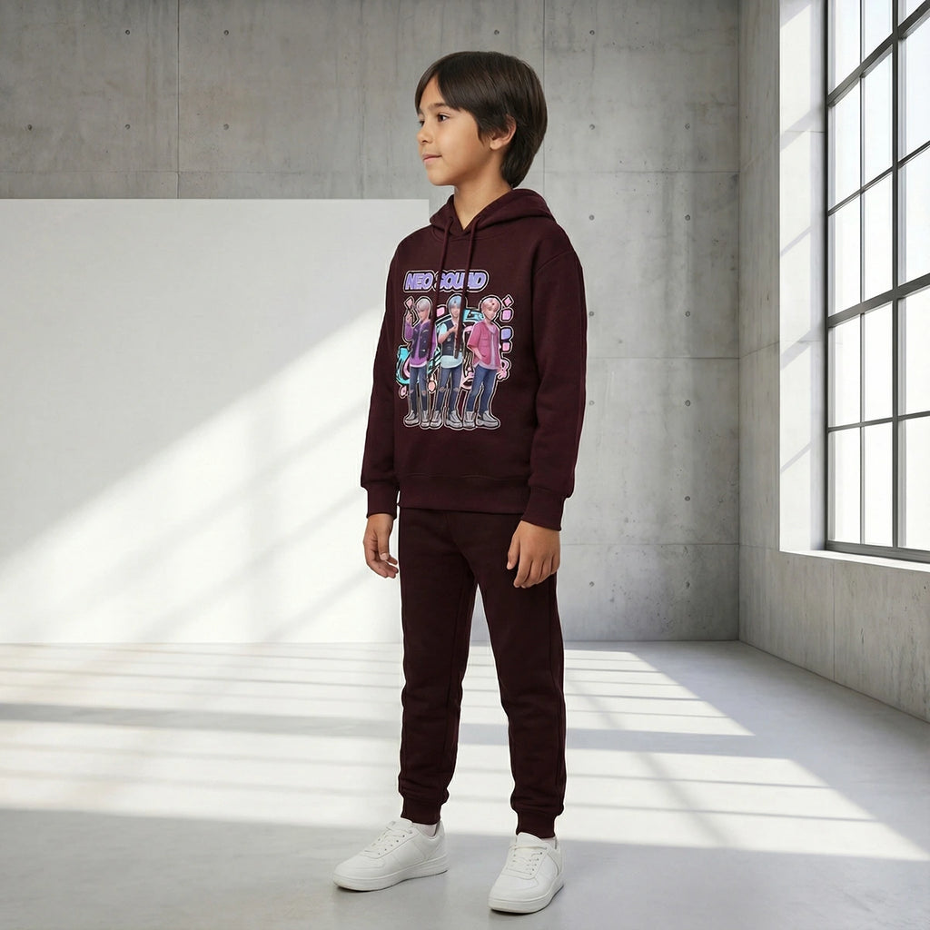 Boys Maroon K-Pop Neo Sound Graphics Hoodie With Jogger Co-ord Sets Sets