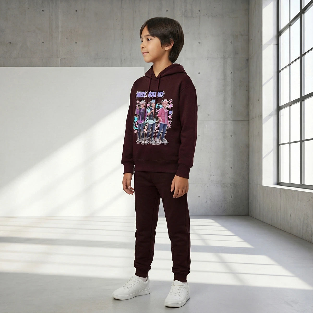 Boys Maroon K-Pop Neo Sound Graphics Hoodie With Jogger Co-ord Sets Sets