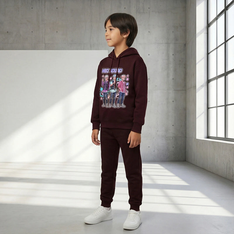 Boys Maroon K-Pop Neo Sound Graphics Hoodie With Jogger Co-ord Sets Sets