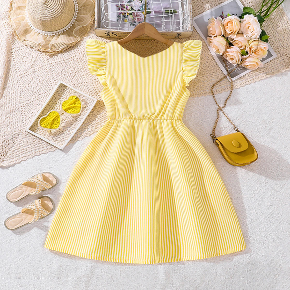 Girls Yellow Striped Flutter Sleeve Button-Down Fit & Flare Dress Casual Dresses