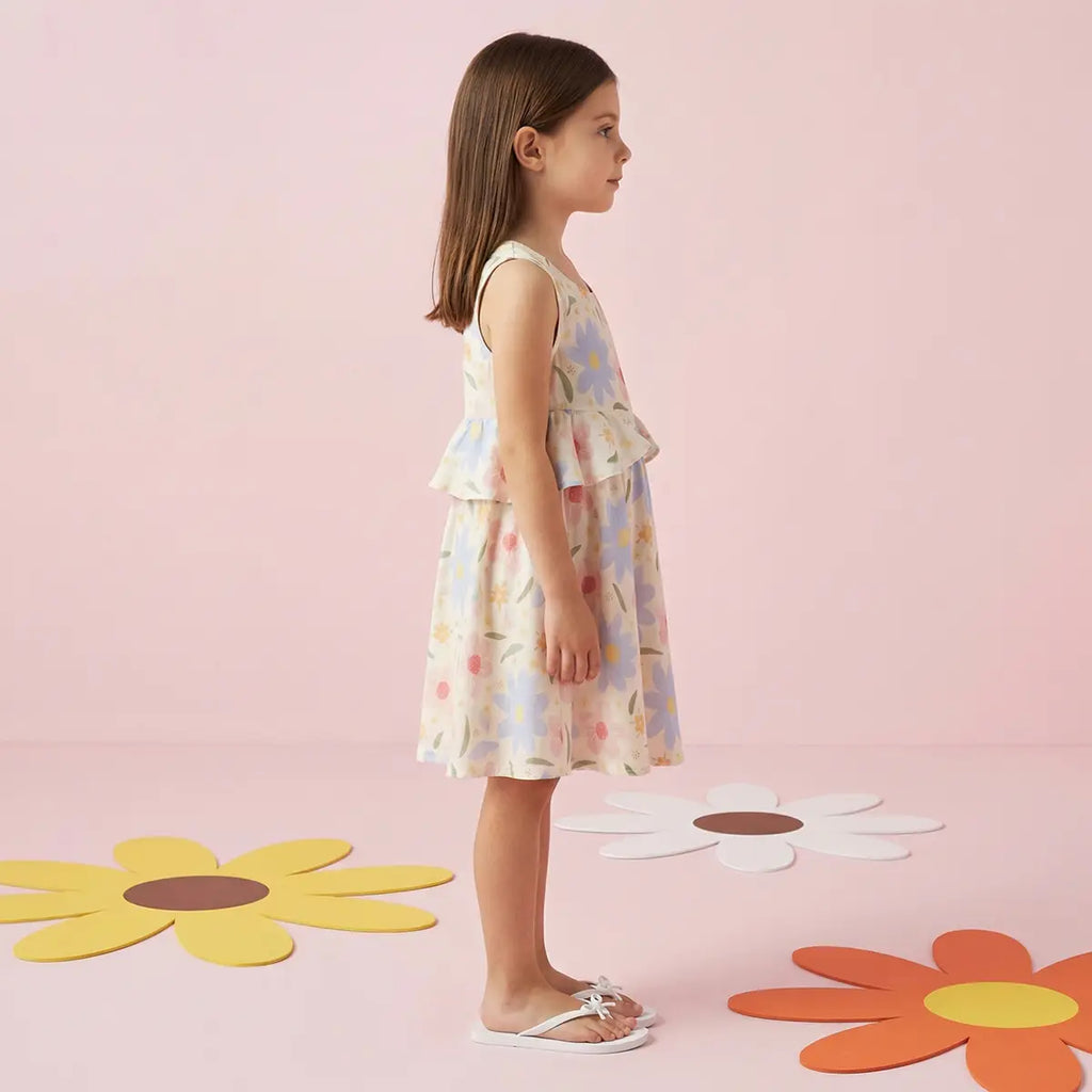 Girls Light Blue Floral Print Sleeveless Fit & Flare Dress Casual Dresses