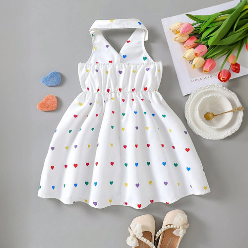 Girls White Heart Printed Sleeveless A-Line Dress Casual Dresses