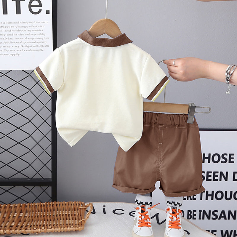 Boys Cream Graphic Printed Polo T-Shirt With Brown Shorts Set 2 pc. Sets