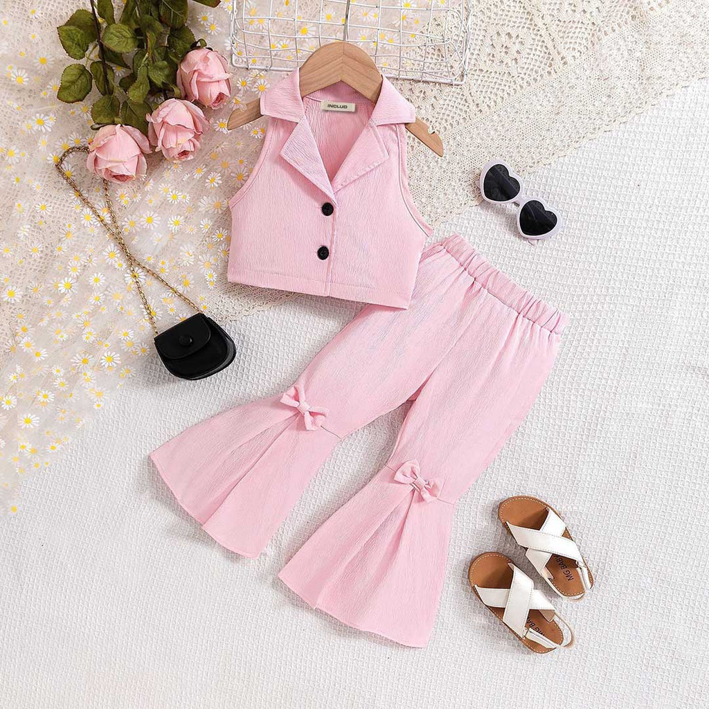 Girls Sleeveless Crop Shirt With Flared Trousers Set