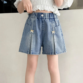 Girls Light Blue Bow Applique Loose Fit Denim Shorts Shorts