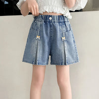 Girls Light Blue Bow Applique Loose Fit Denim Shorts Shorts