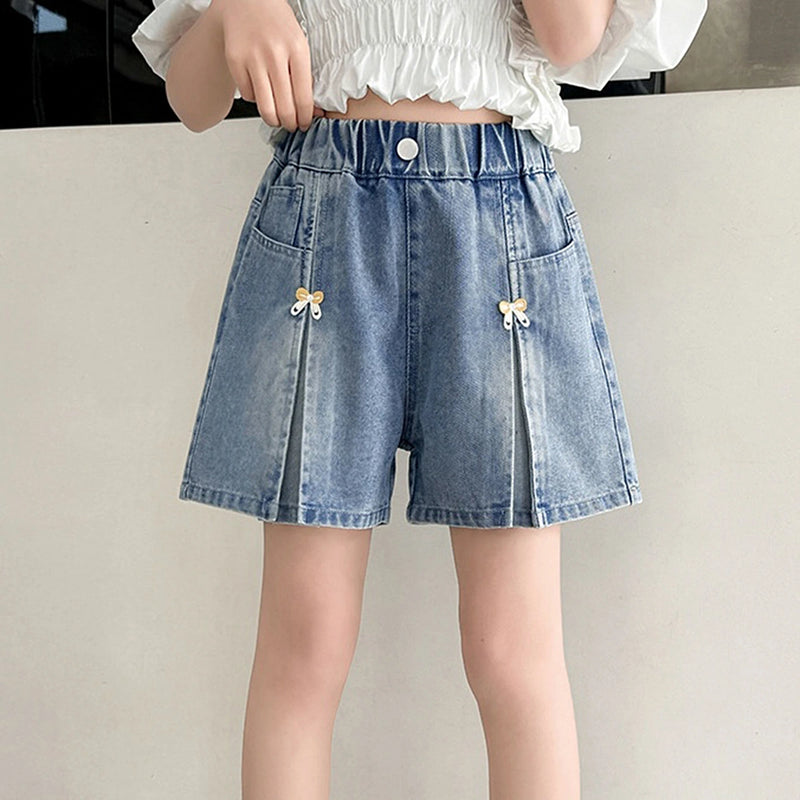 Girls Light Blue Bow Applique Loose Fit Denim Shorts Shorts