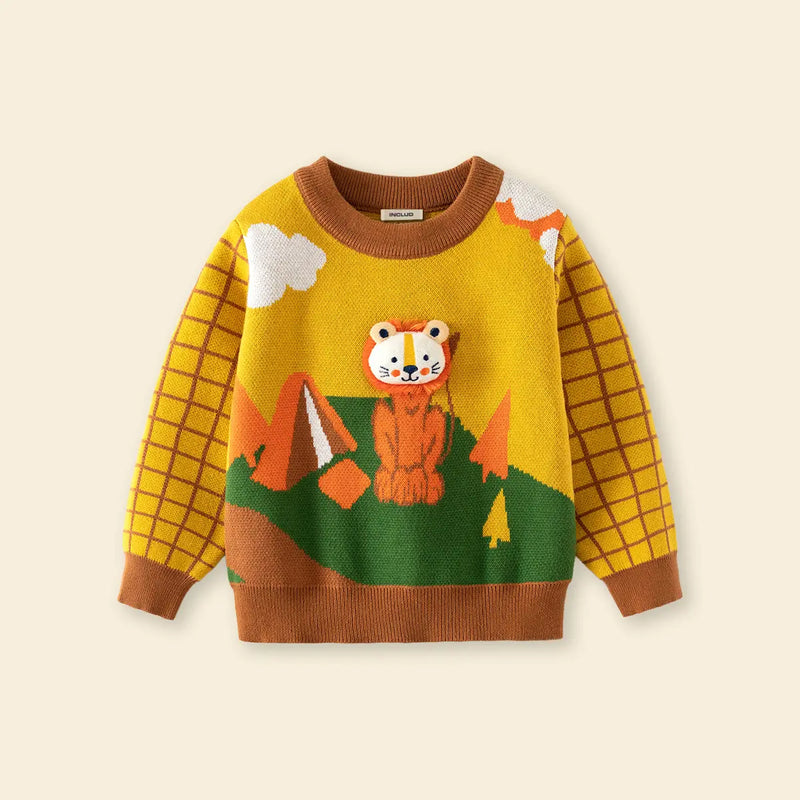 Boys Yellow Knitted Sweater With Lion Face Applique Sweaters & Cardigans